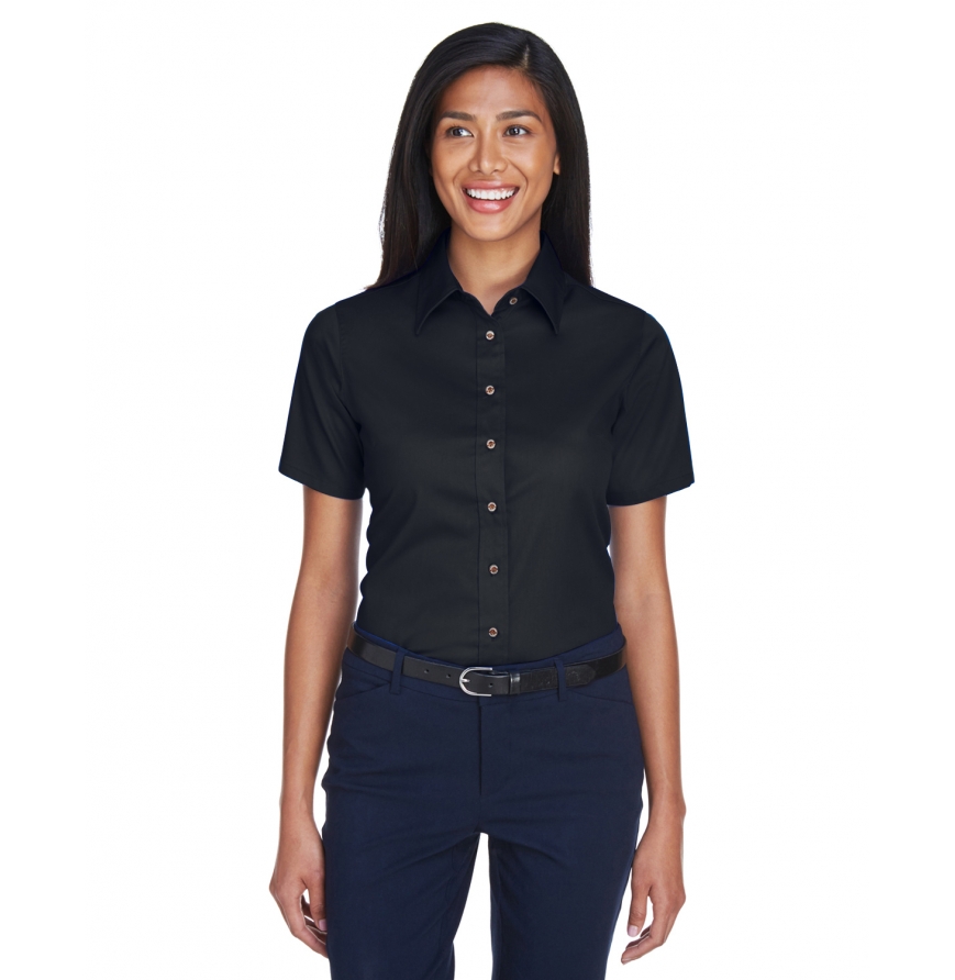 Harriton M500SW Women's Easy Blend Short-Sleeve Twill Shirt with Stain-Release