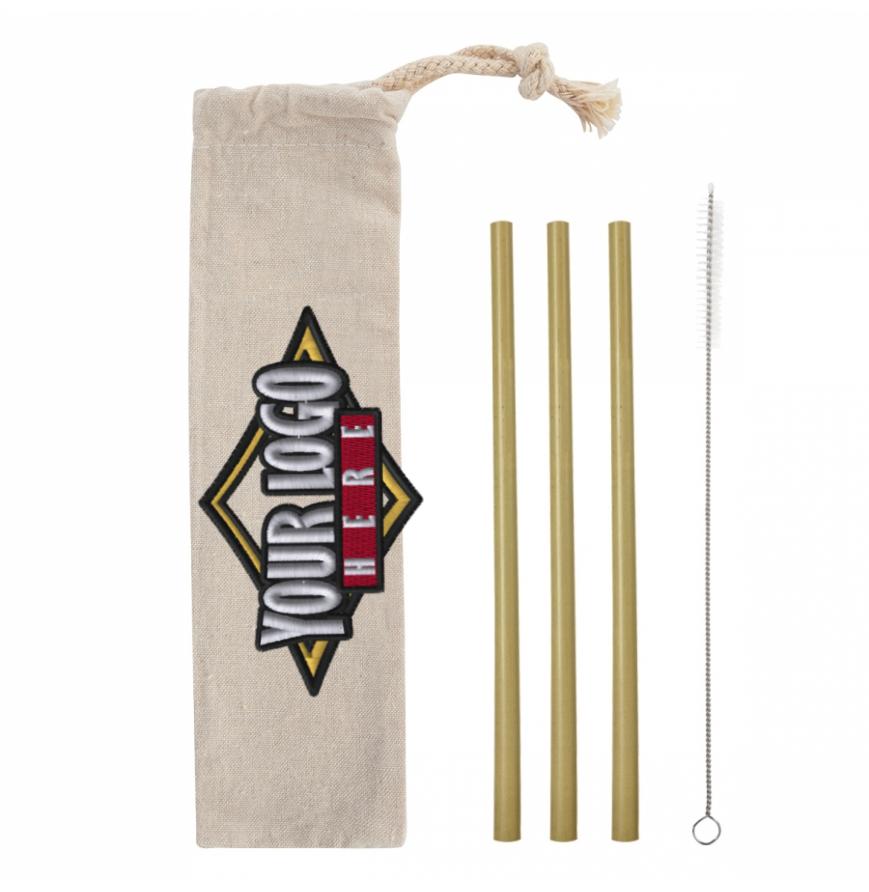 3 Pack Bamboo Straw Kit In Cotton Pouch