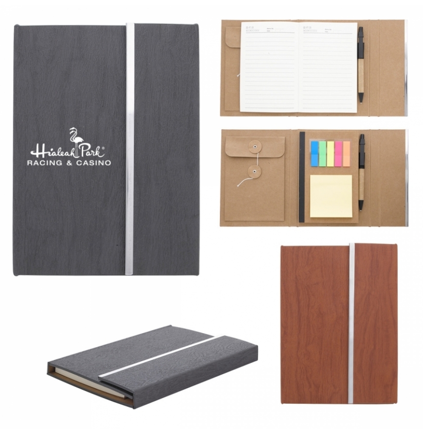 Woodgrain Padfolio With Sticky Notes And Flags