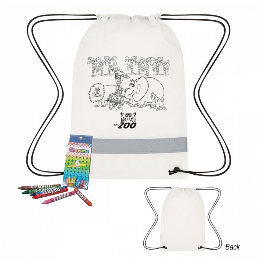 Lil Bit Reflective Non-Woven Coloring Drawstring Bag With Crayons