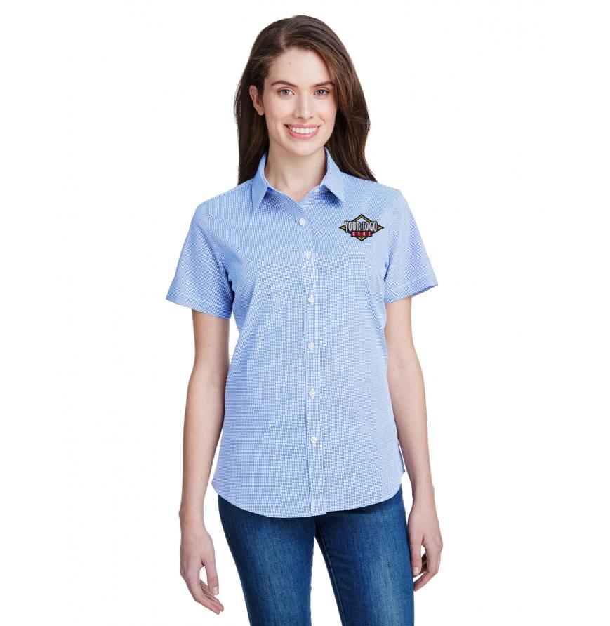 Ladies Microcheck Gingham Short-Sleeve Cotton Shirt