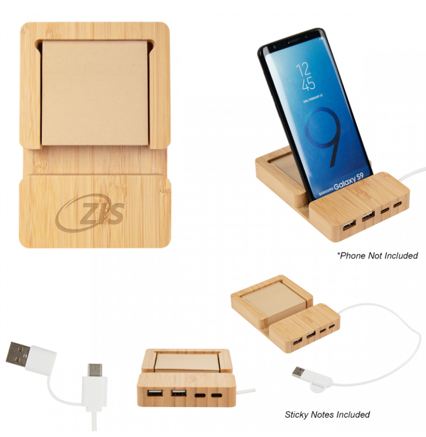 Bamboo Multi-Port Hub With Phone Holder  Sticky Notes