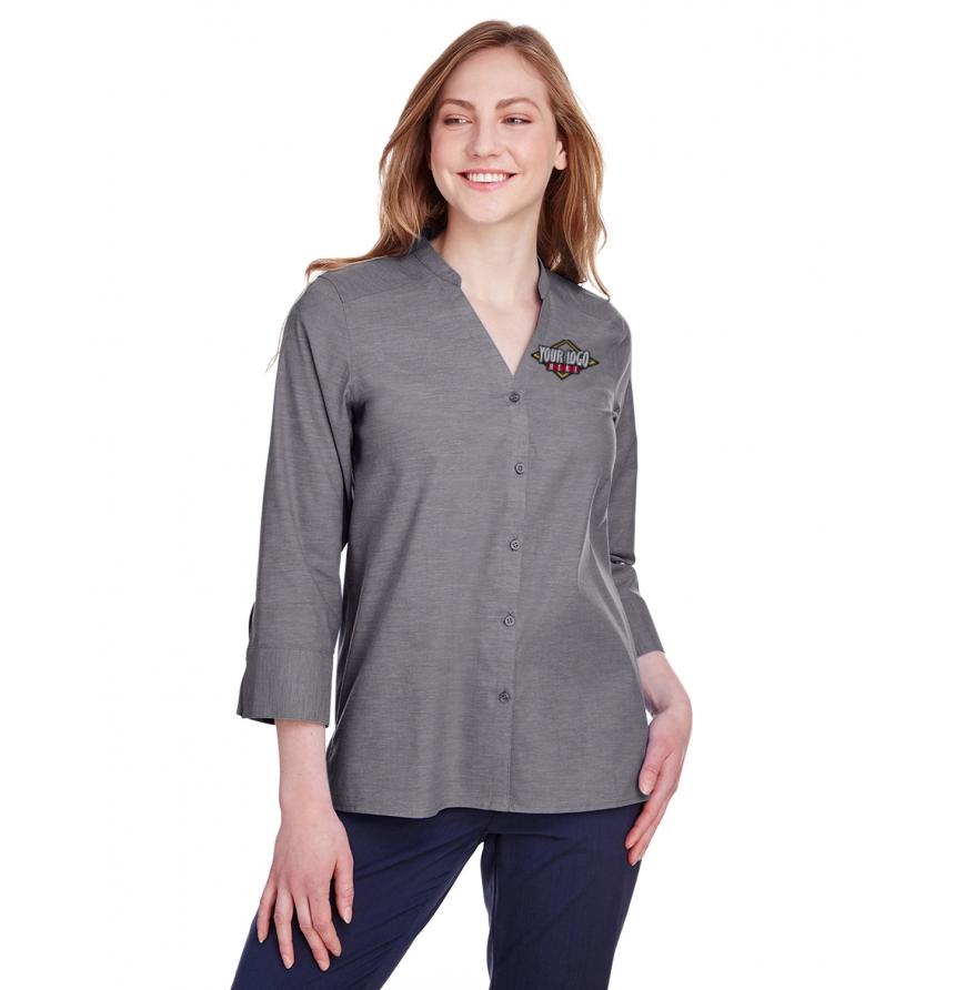  Devon  Jones Ladies Crown Collection Stretch Pinpoint Chambray 34 Sleeve Blouse