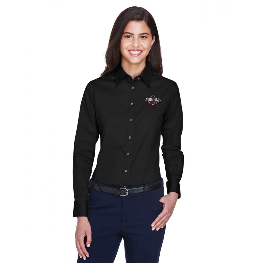 Harriton Ladies Easy Blend Long-Sleeve Twill Shirt with Stain-Release